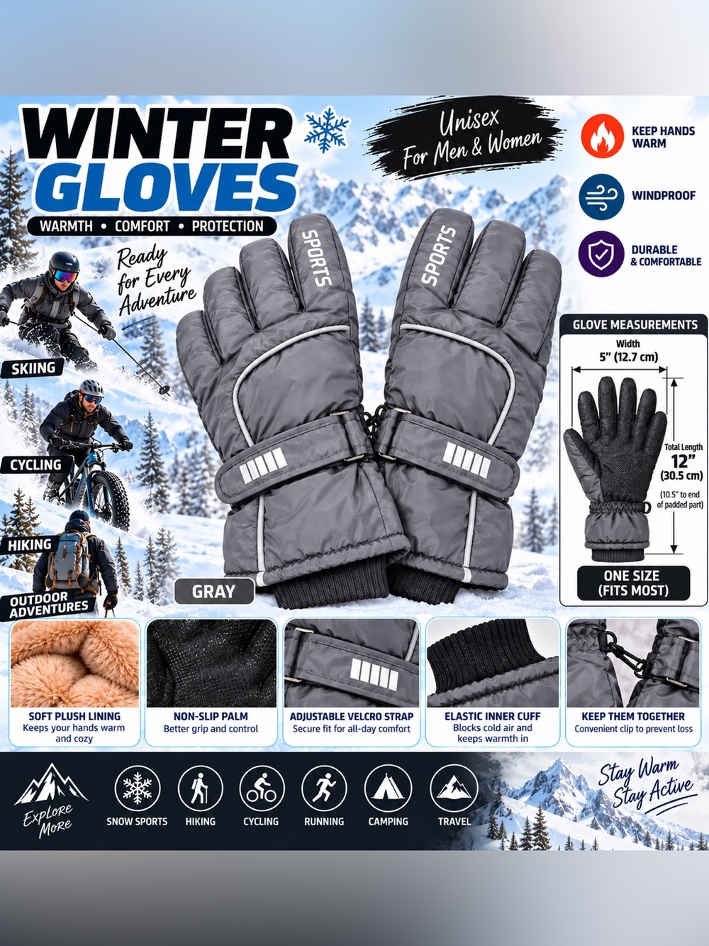 Unisex Winter Gloves Men Women Warm Plush Lined Adjustable Outdoor Ski Snow Gray